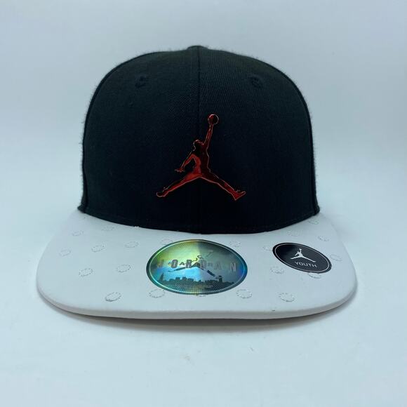 AIR JORDAN Jumpman Red Shiny Logo Black/White Adjustable Snap Back Hat Youth - Picture 1 of 11